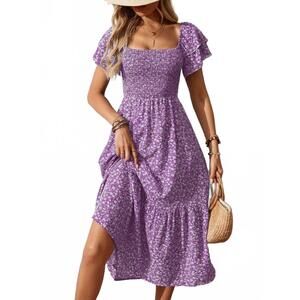 NEW LOVESOFT floral square neck smocked maxi summer dress in purple